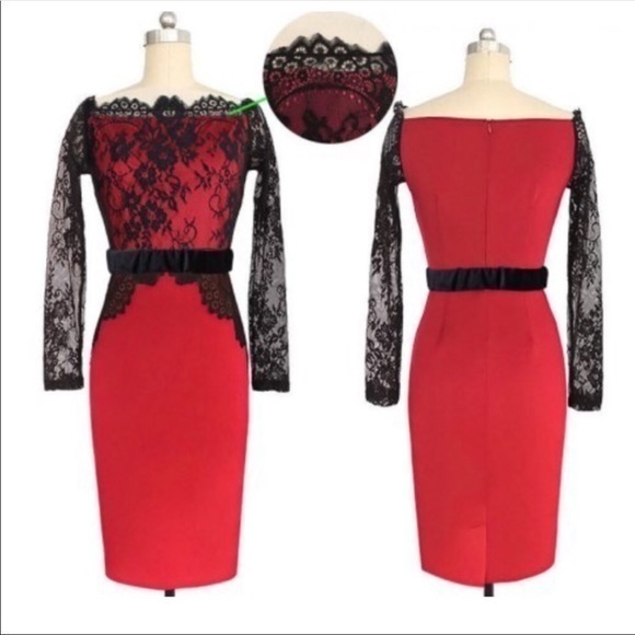 ❣️ Sale was 45$ down sizing ❣️ Floral lace red and black pencil dress - Picture 2 of 4